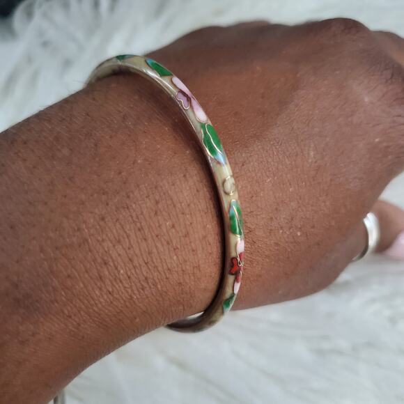 Vintage Thin Cloisonne Slide-On Floral Pattern Bangle Bracelet - Picture 7 of 7